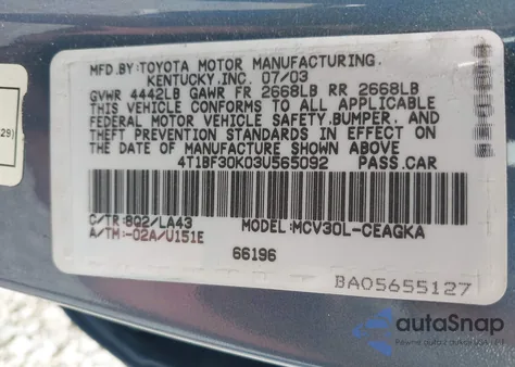 2003 Toyota Camry Xle V6 z USA, uszkodzony, nr VIN 4T1BF30K03U565092